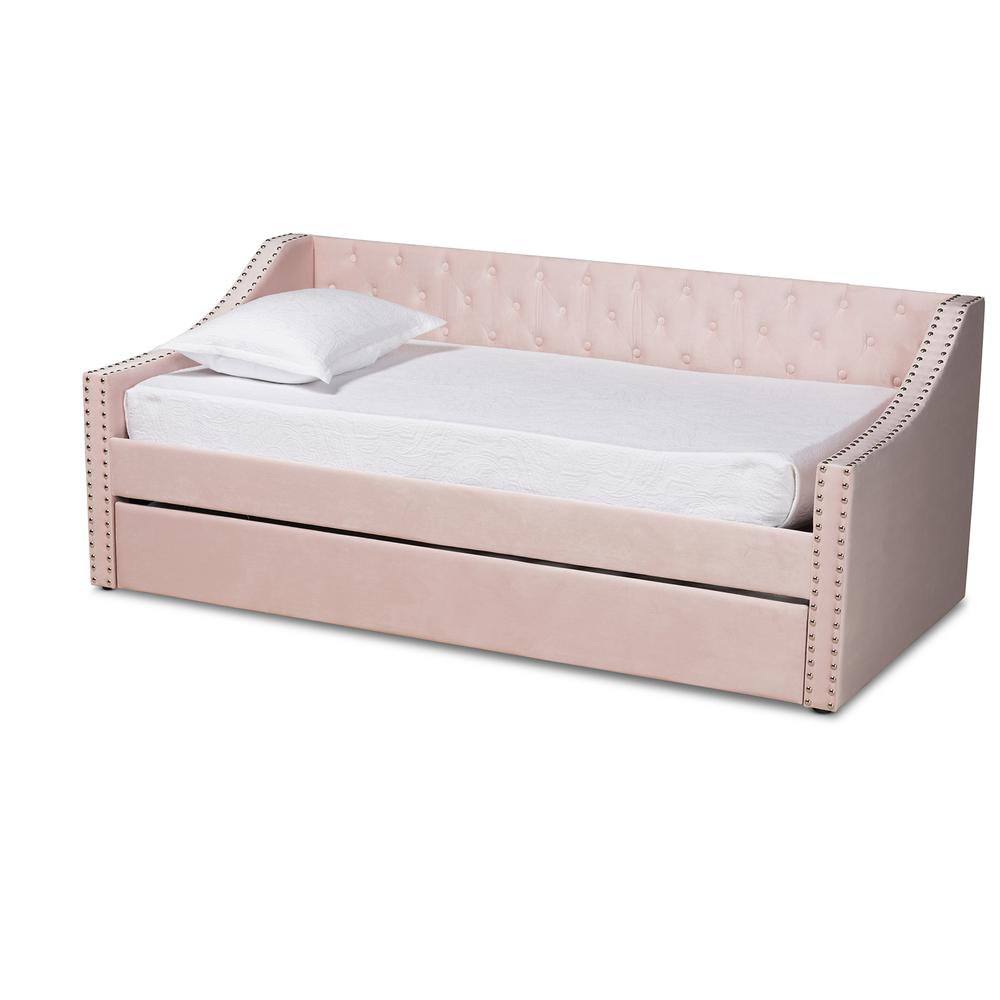 Pink Velvet Fabric Upholstered Twin Size Daybed with Trundle. Picture 12