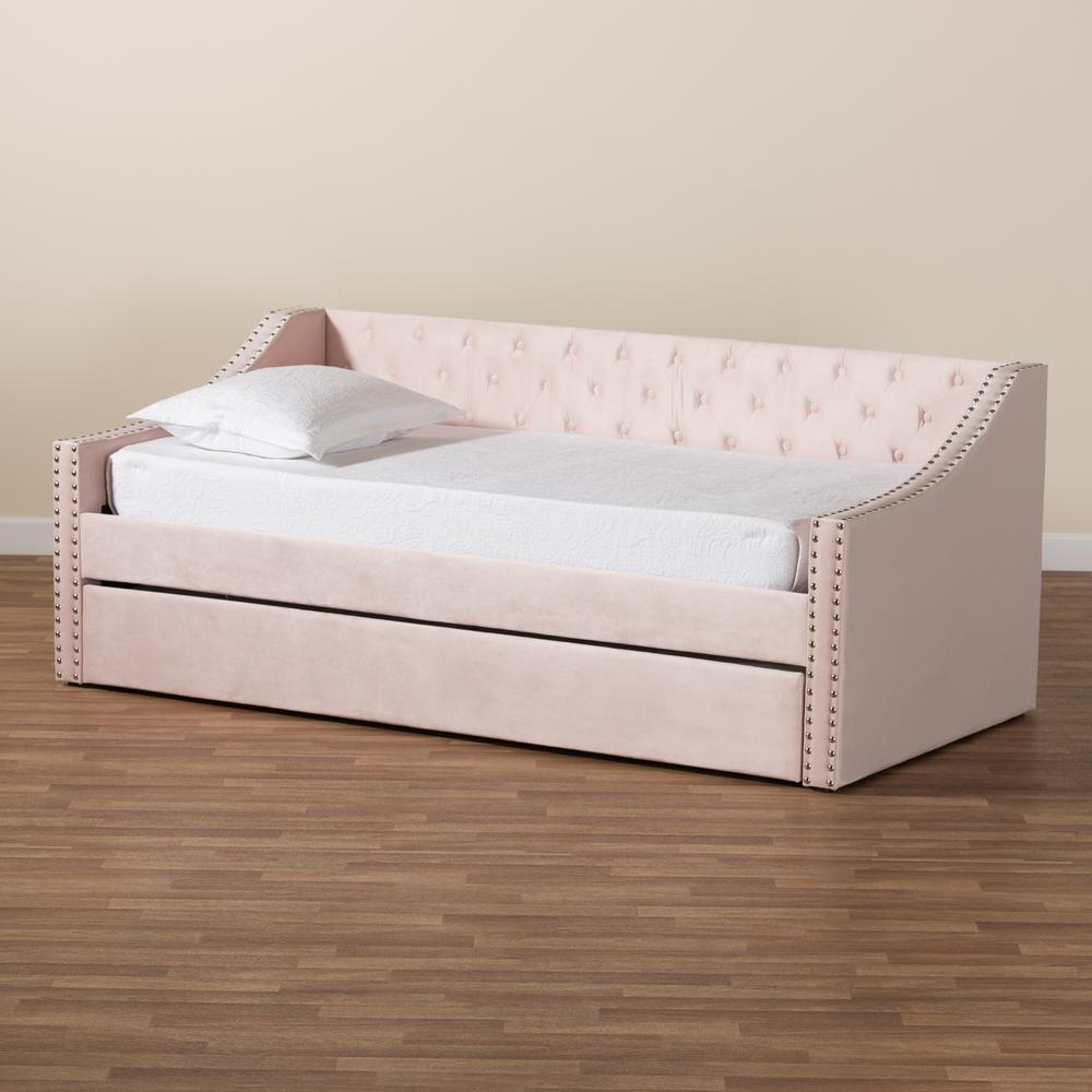 Pink Velvet Fabric Upholstered Twin Size Daybed with Trundle. Picture 21
