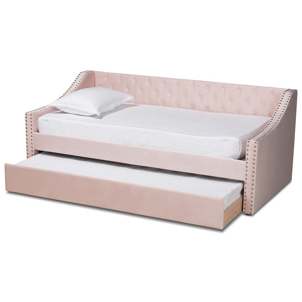 Pink Velvet Fabric Upholstered Twin Size Daybed with Trundle. Picture 13
