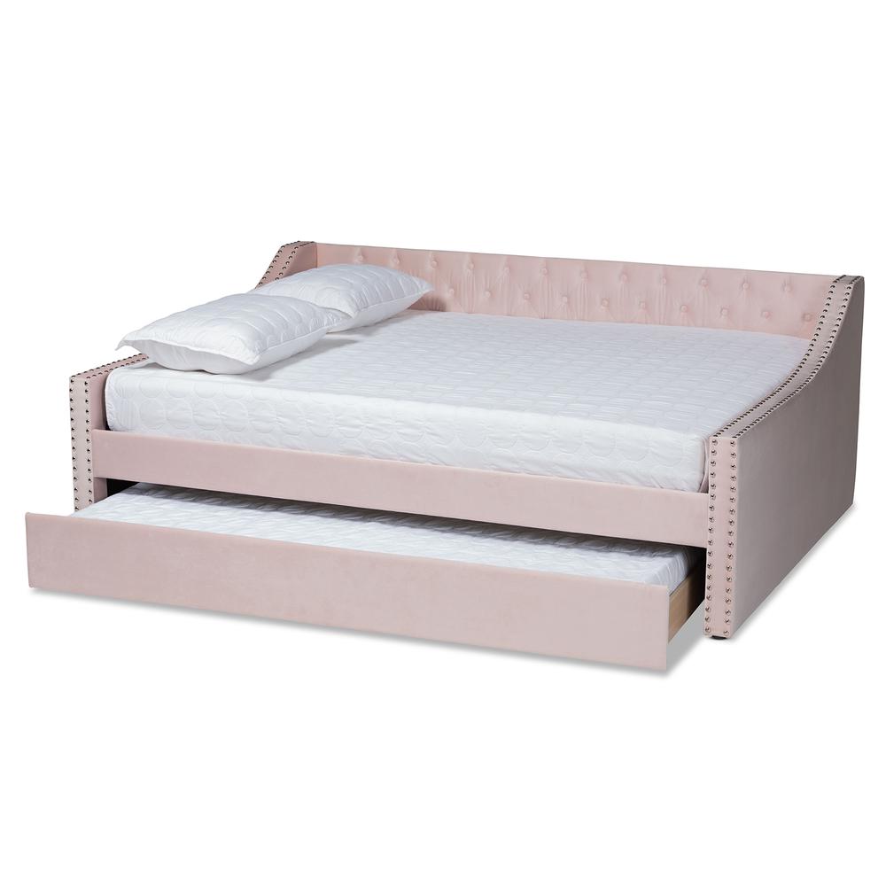 Pink Velvet Fabric Upholstered Full Size Daybed with Trundle. Picture 14