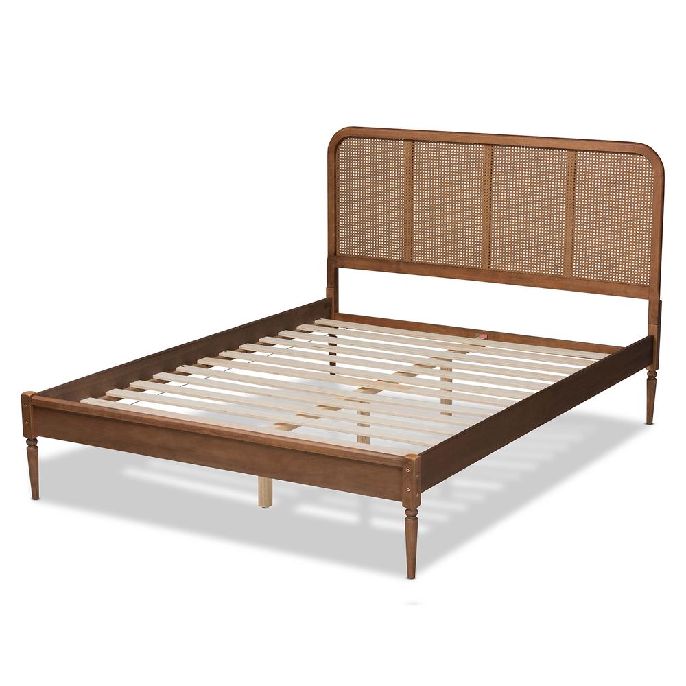 Walnut Brown Finished Wood and Synthetic Rattan Full Size Platform Bed. Picture 14