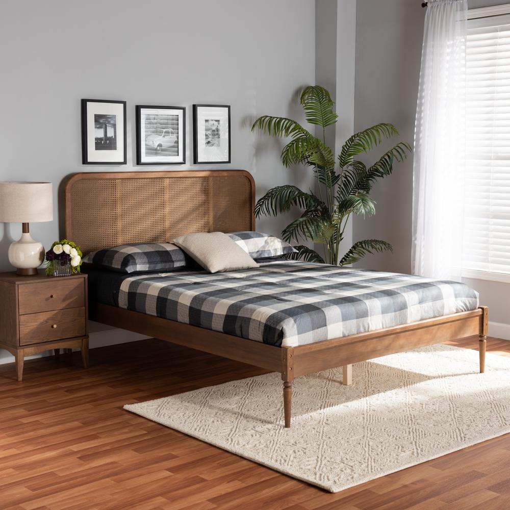 Walnut Brown Finished Wood and Synthetic Rattan Full Size Platform Bed. Picture 18