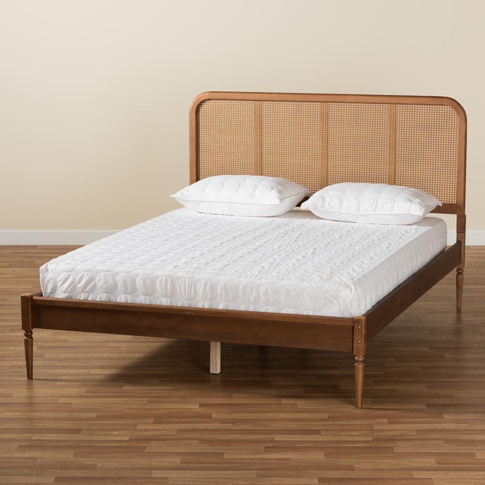 Walnut Brown Finished Wood and Synthetic Rattan Full Size Platform Bed. Picture 19