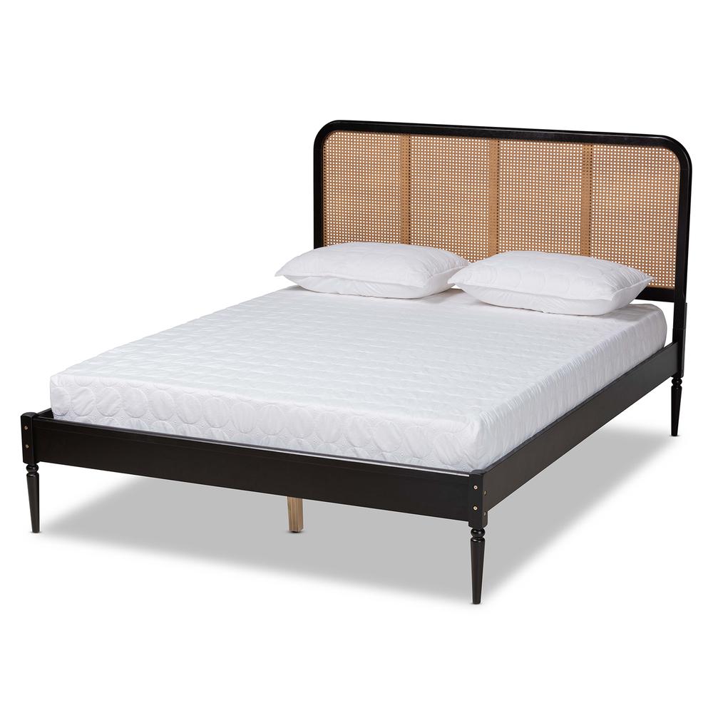 Baxton Studio Elston Mid-Century Modern Charcoal Finished Wood and Synthetic Rattan Queen Size Platform Bed. Picture 6