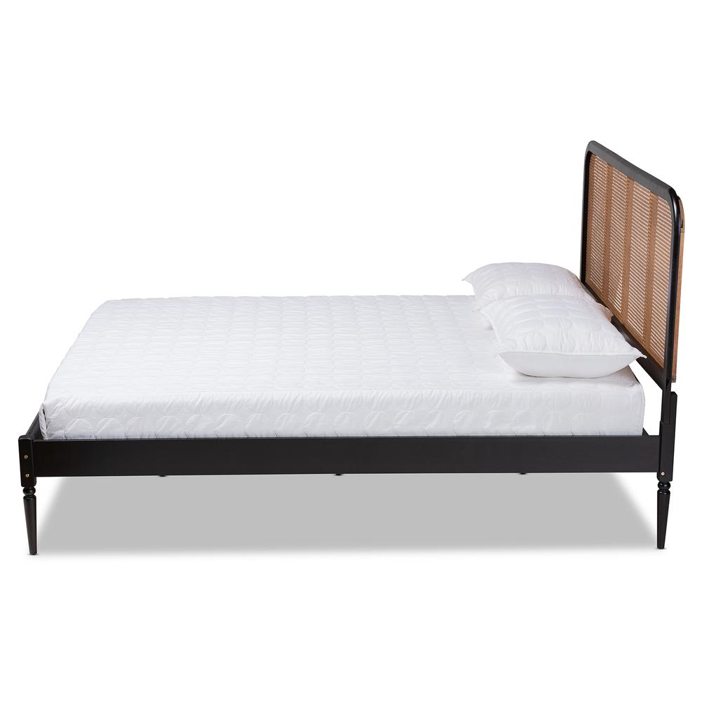 Baxton Studio Elston Mid-Century Modern Charcoal Finished Wood and Synthetic Rattan Queen Size Platform Bed. Picture 7