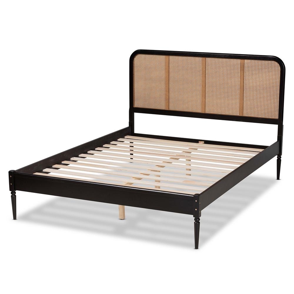 Baxton Studio Elston Mid-Century Modern Charcoal Finished Wood and Synthetic Rattan Queen Size Platform Bed. Picture 8