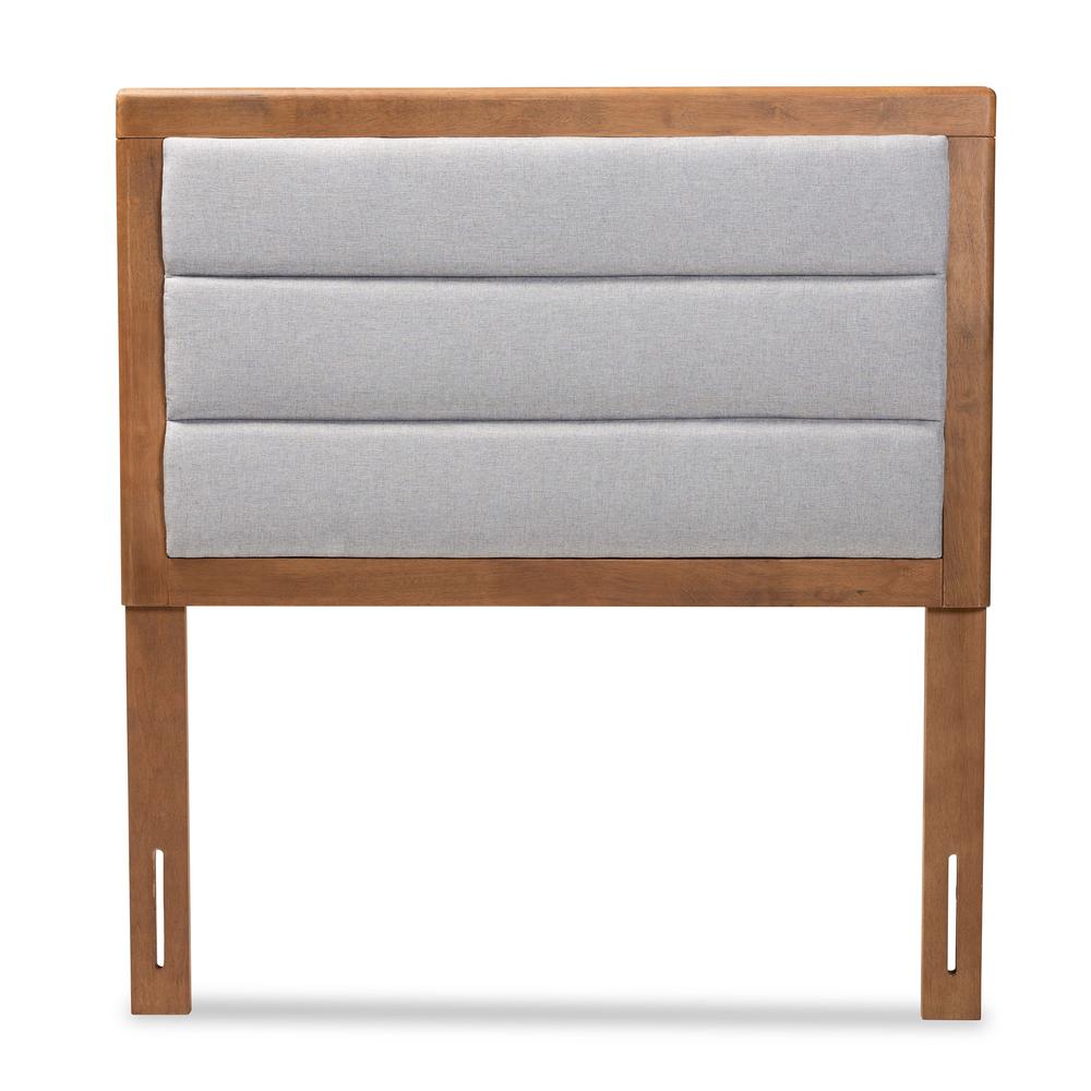 Light Grey Fabric Upholstered and Walnut Brown Finished Wood Twin Size Headboard. Picture 9