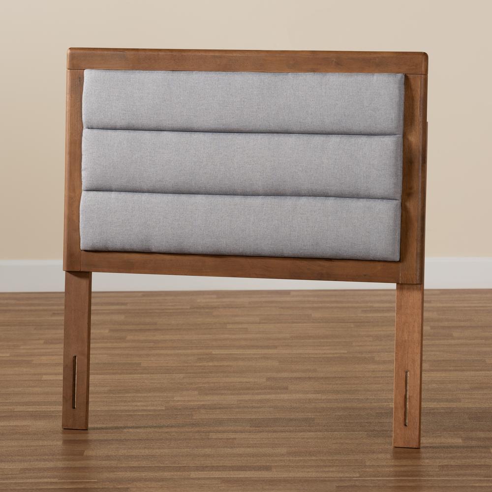 Light Grey Fabric Upholstered and Walnut Brown Finished Wood Twin Size Headboard. Picture 12