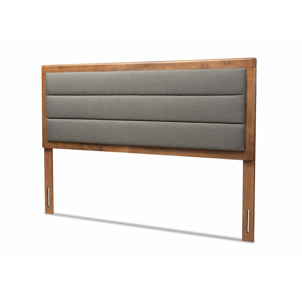Dark Grey Fabric Upholstered and Walnut Brown Finished Wood Full Size Headboard. Picture 10
