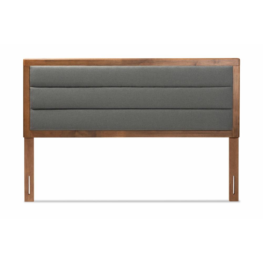 Dark Grey Fabric Upholstered and Walnut Brown Finished Wood Full Size Headboard. Picture 11