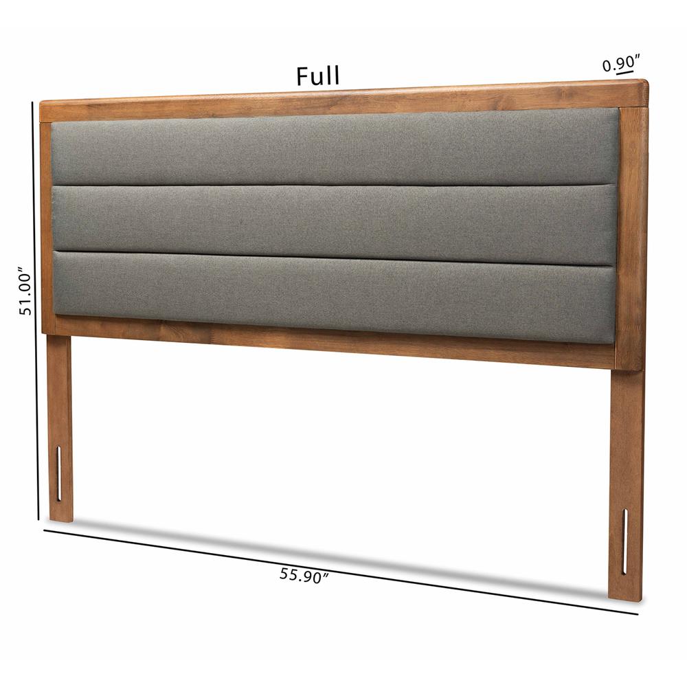 Dark Grey Fabric Upholstered and Walnut Brown Finished Wood Full Size Headboard. Picture 15