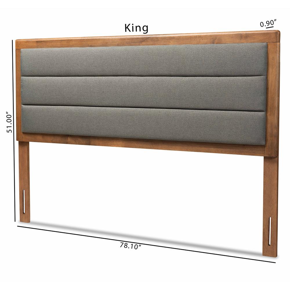 Dark Grey Fabric Upholstered and Walnut Brown Finished Wood Full Size Headboard. Picture 17