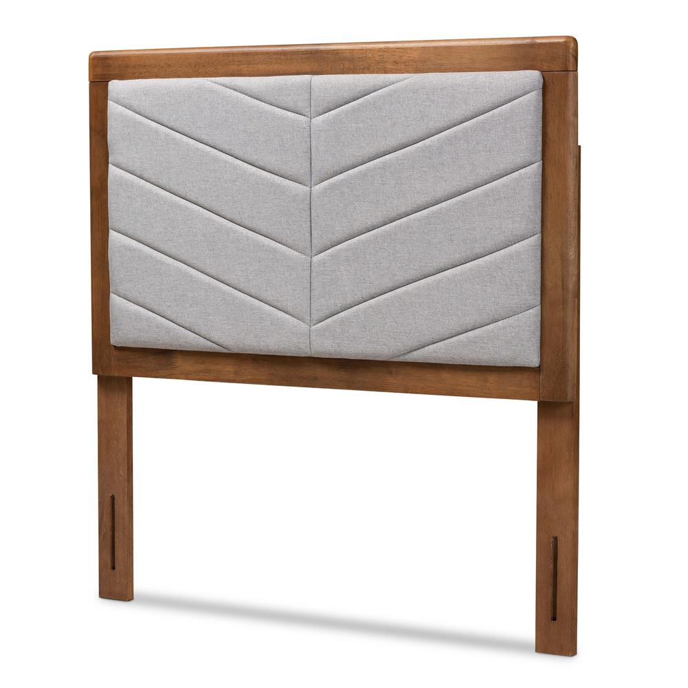 Light Grey Fabric Upholstered and Walnut Brown Finished Wood Twin Size Headboard. Picture 8
