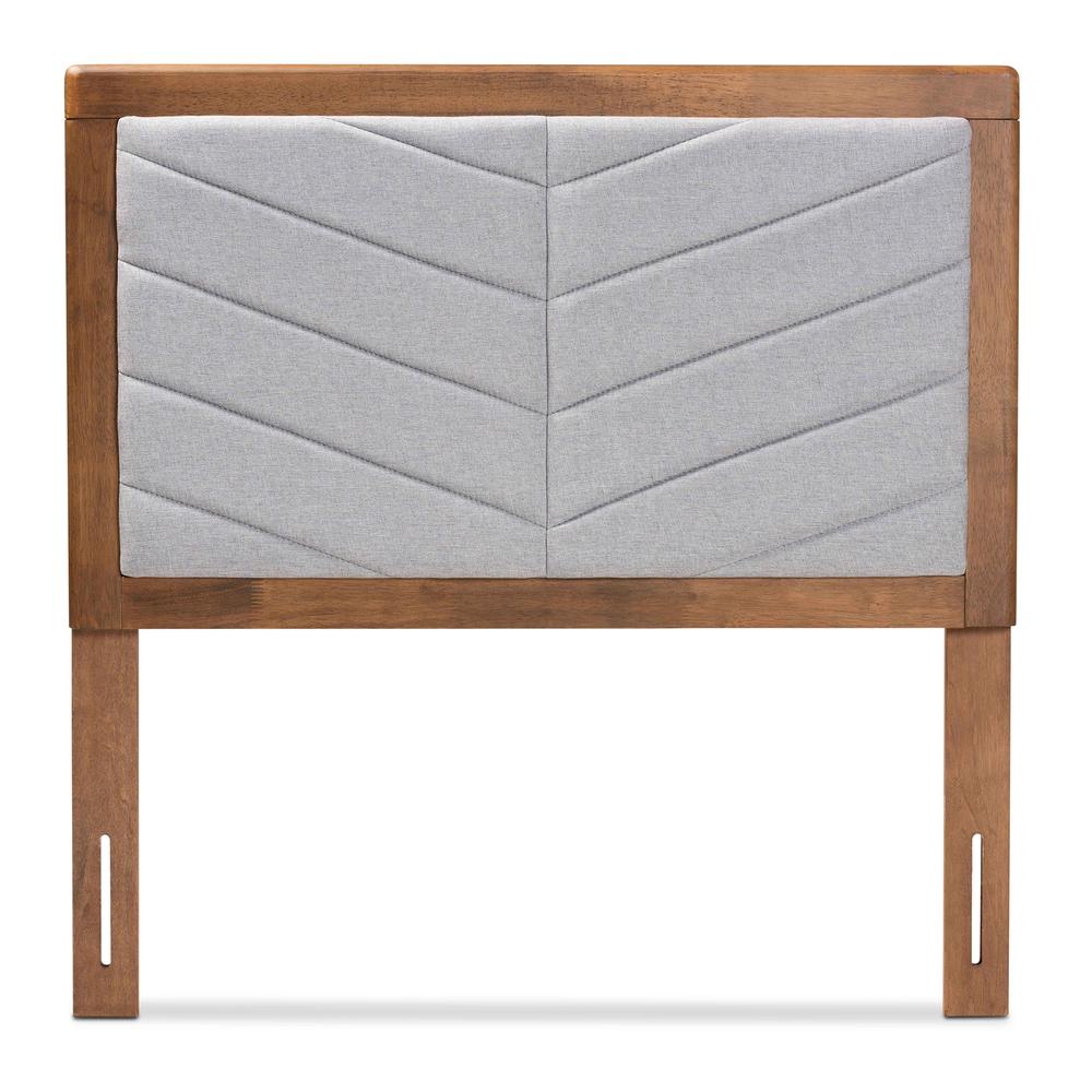 Light Grey Fabric Upholstered and Walnut Brown Finished Wood Twin Size Headboard. Picture 9