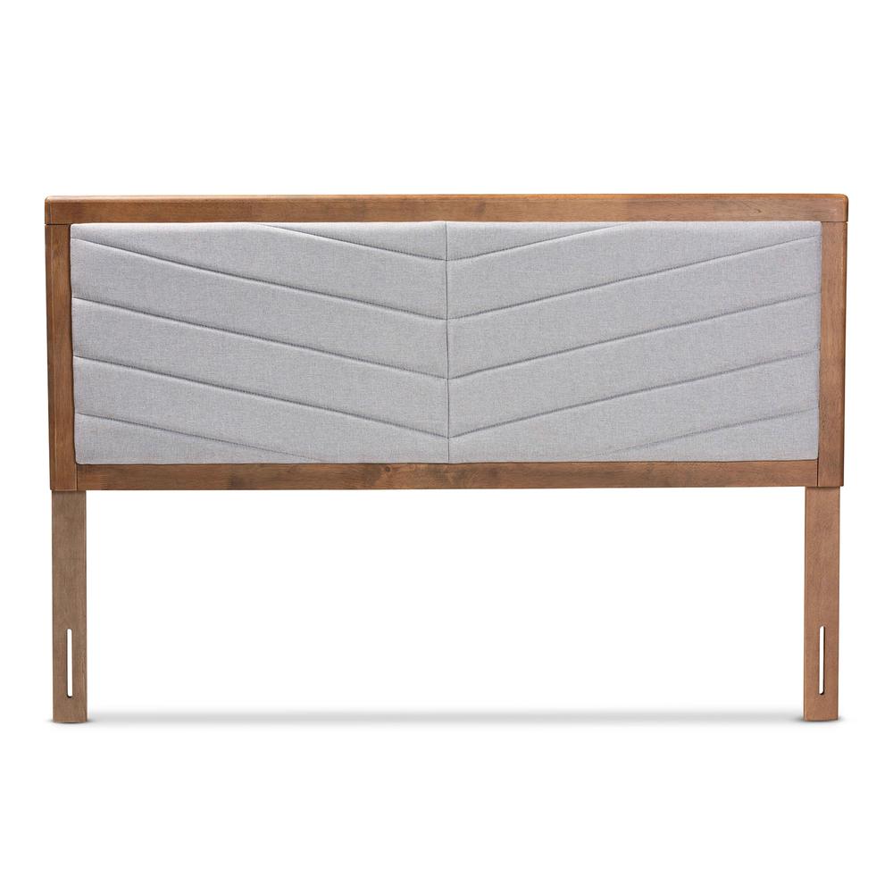 Light Grey Fabric Upholstered and Walnut Brown Finished Wood Full Size Headboard. Picture 11