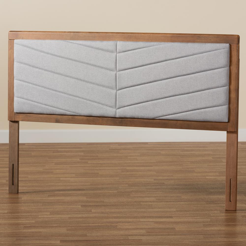 Light Grey Fabric Upholstered and Walnut Brown Finished Wood Full Size Headboard. Picture 14