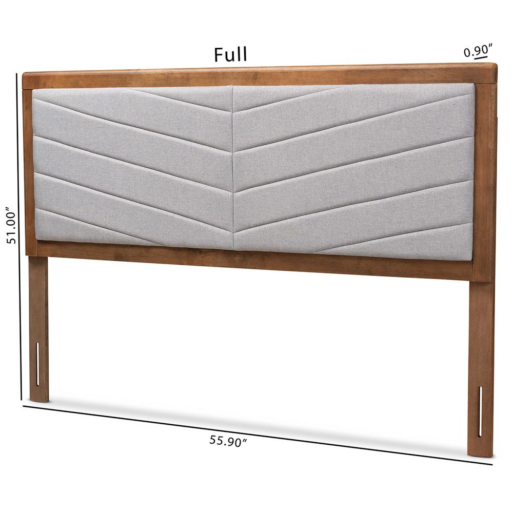 Light Grey Fabric Upholstered and Walnut Brown Finished Wood Full Size Headboard. Picture 15
