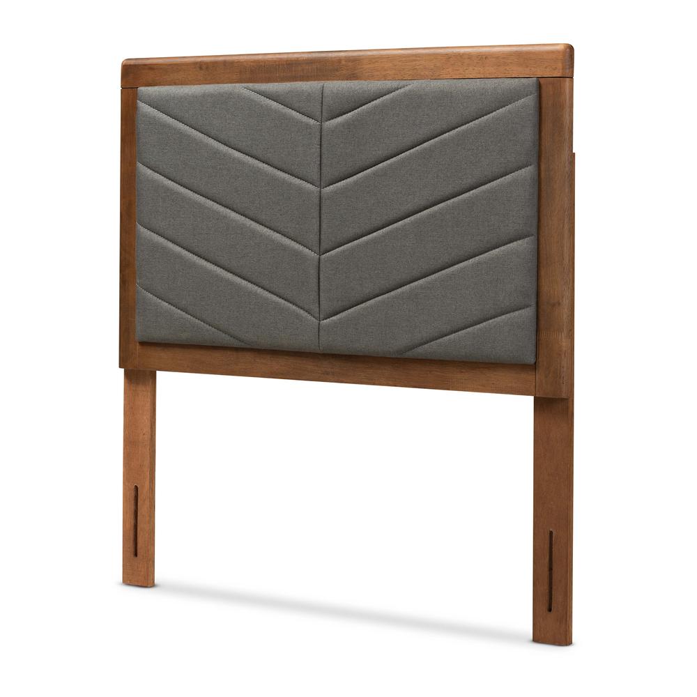Dark Grey Fabric Upholstered and Walnut Brown Finished Wood Twin Size Headboard. Picture 8