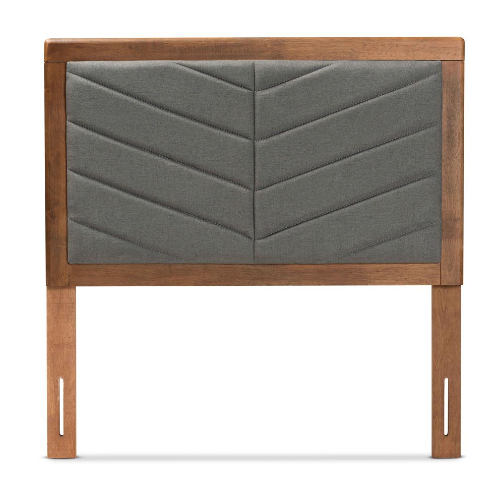 Dark Grey Fabric Upholstered and Walnut Brown Finished Wood Twin Size Headboard. Picture 9