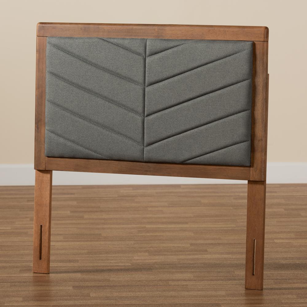 Dark Grey Fabric Upholstered and Walnut Brown Finished Wood Twin Size Headboard. Picture 12