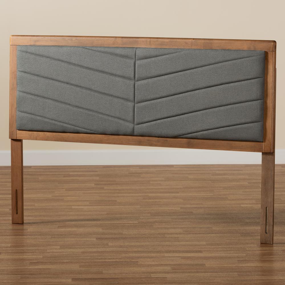 Dark Grey Fabric Upholstered and Walnut Brown Finished Wood Full Size Headboard. Picture 14
