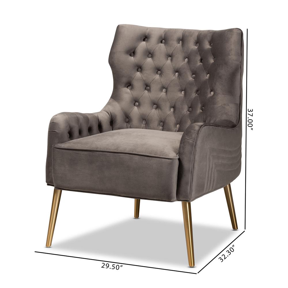 Luxe and Glam Grey Velvet Fabric Upholstered and Gold Finished Metal Armchair. Picture 20