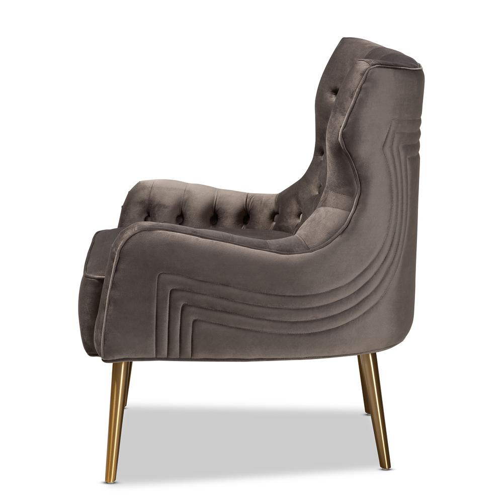 Luxe and Glam Grey Velvet Fabric Upholstered and Gold Finished Metal Armchair. Picture 13