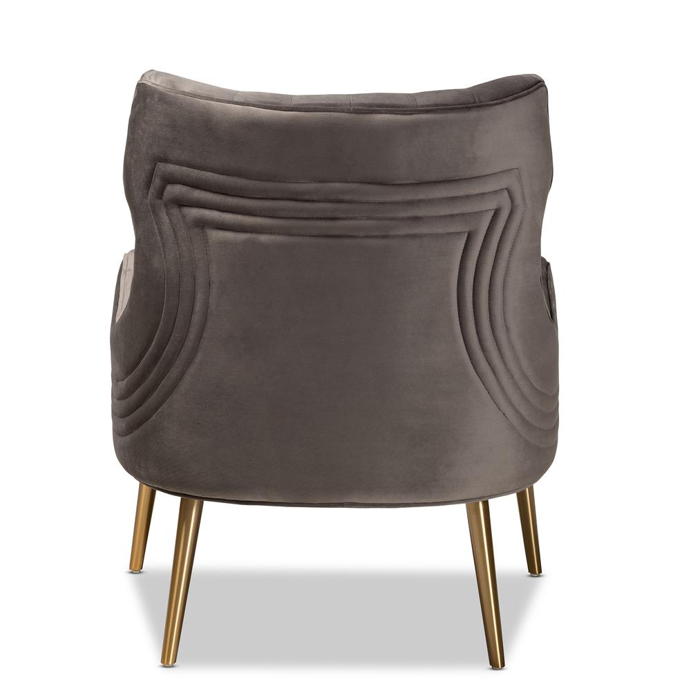Luxe and Glam Grey Velvet Fabric Upholstered and Gold Finished Metal Armchair. Picture 14