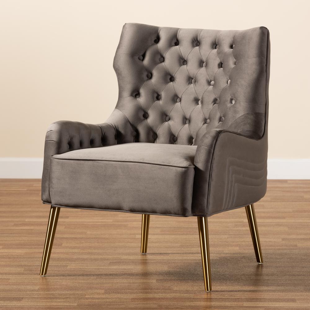 Luxe and Glam Grey Velvet Fabric Upholstered and Gold Finished Metal Armchair. Picture 19