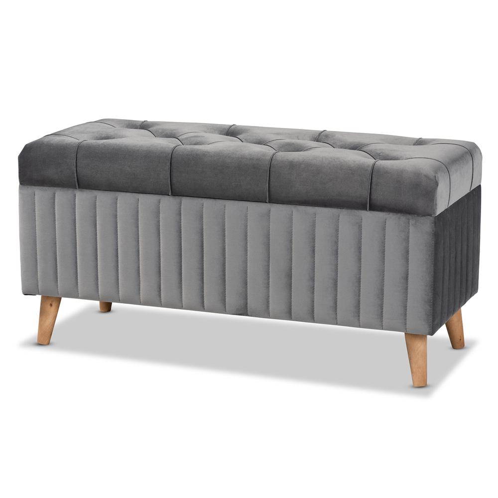 Grey Velvet Fabric Upholstered and Walnut Brown Finished Wood Storage Ottoman. Picture 12