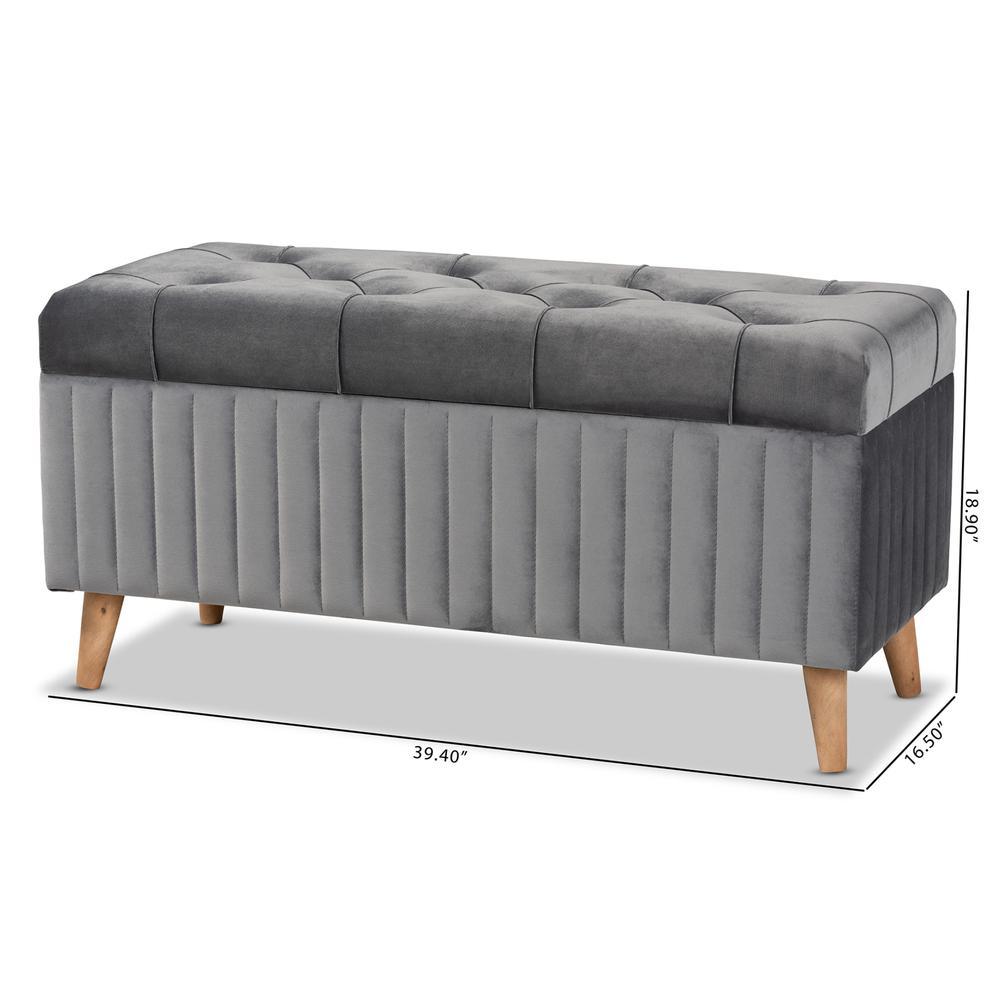 Grey Velvet Fabric Upholstered and Walnut Brown Finished Wood Storage Ottoman. Picture 22