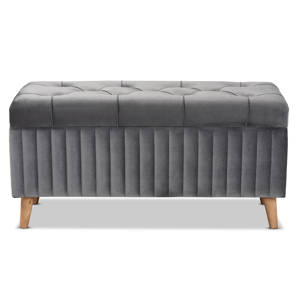 Grey Velvet Fabric Upholstered and Walnut Brown Finished Wood Storage Ottoman. Picture 14