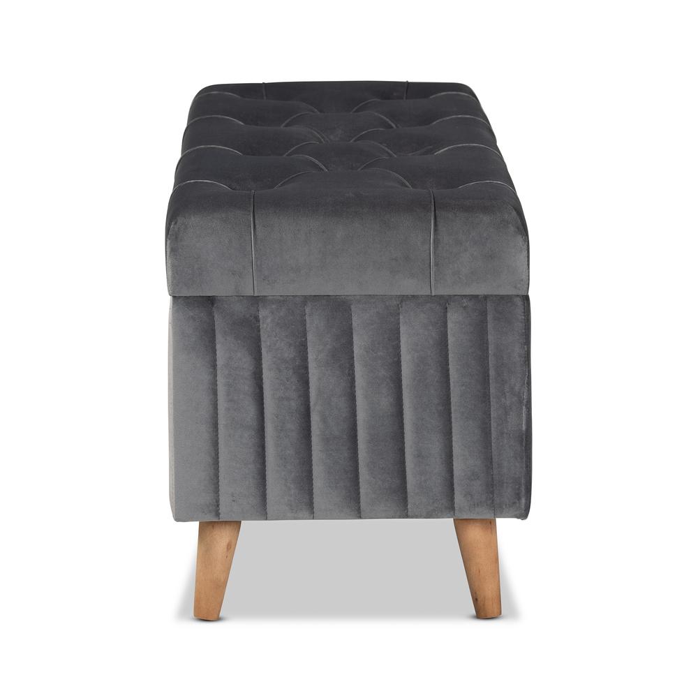 Grey Velvet Fabric Upholstered and Walnut Brown Finished Wood Storage Ottoman. Picture 15
