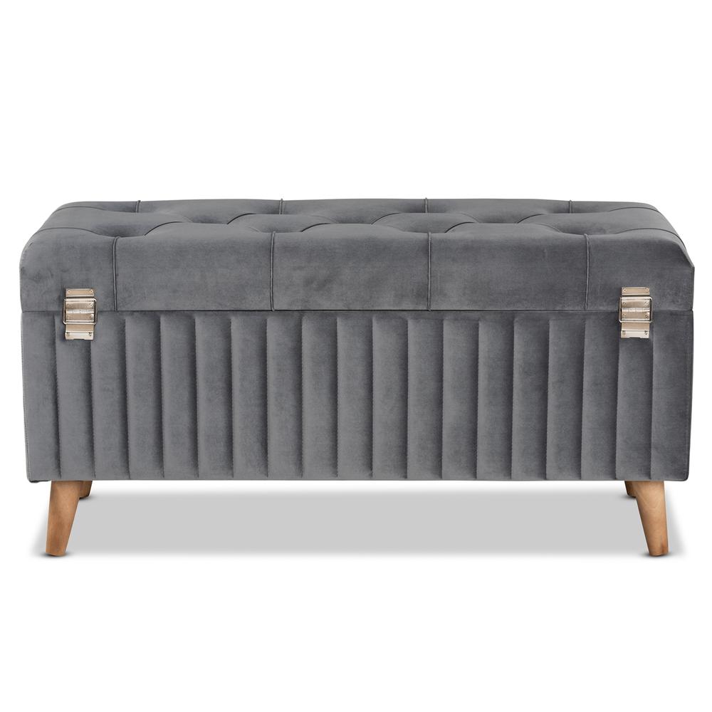 Grey Velvet Fabric Upholstered and Walnut Brown Finished Wood Storage Ottoman. Picture 16