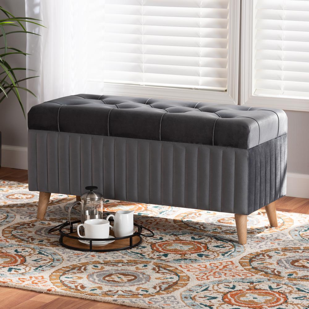 Grey Velvet Fabric Upholstered and Walnut Brown Finished Wood Storage Ottoman. Picture 19