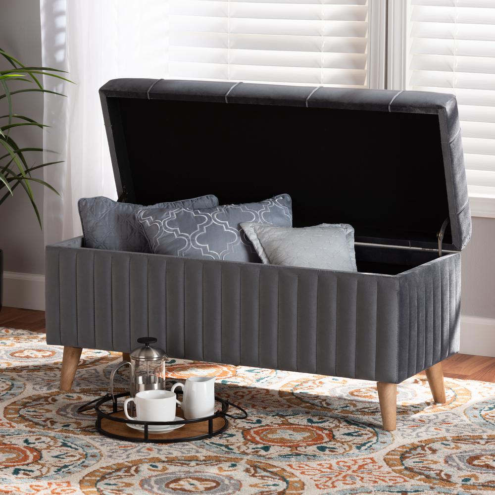 Grey Velvet Fabric Upholstered and Walnut Brown Finished Wood Storage Ottoman. Picture 20