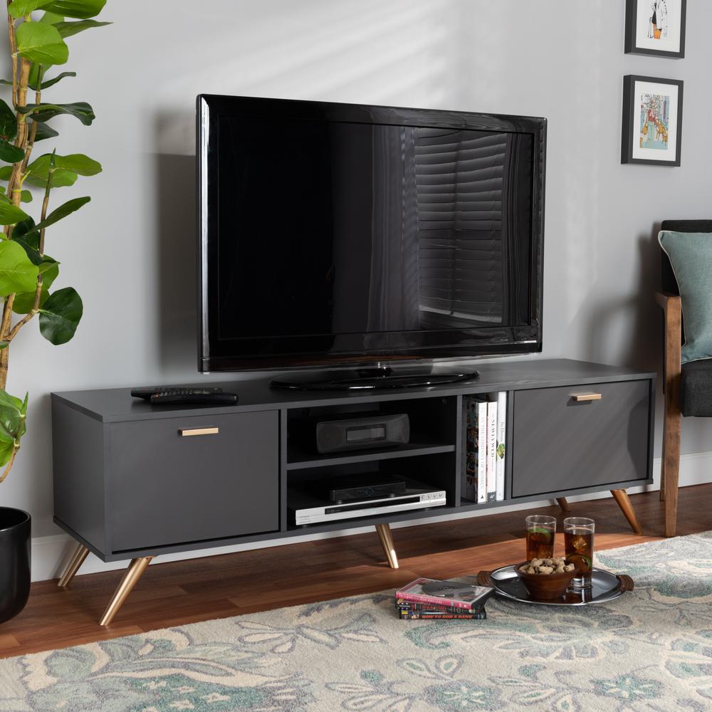 Kelson Modern and Contemporary Dark Grey and Gold Finished Wood TV Stand. Picture 17