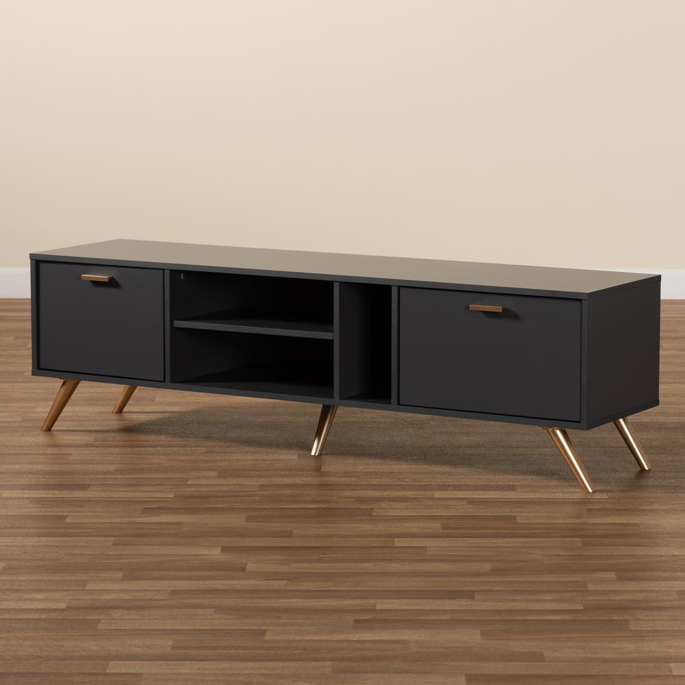 Kelson Modern and Contemporary Dark Grey and Gold Finished Wood TV Stand. Picture 18
