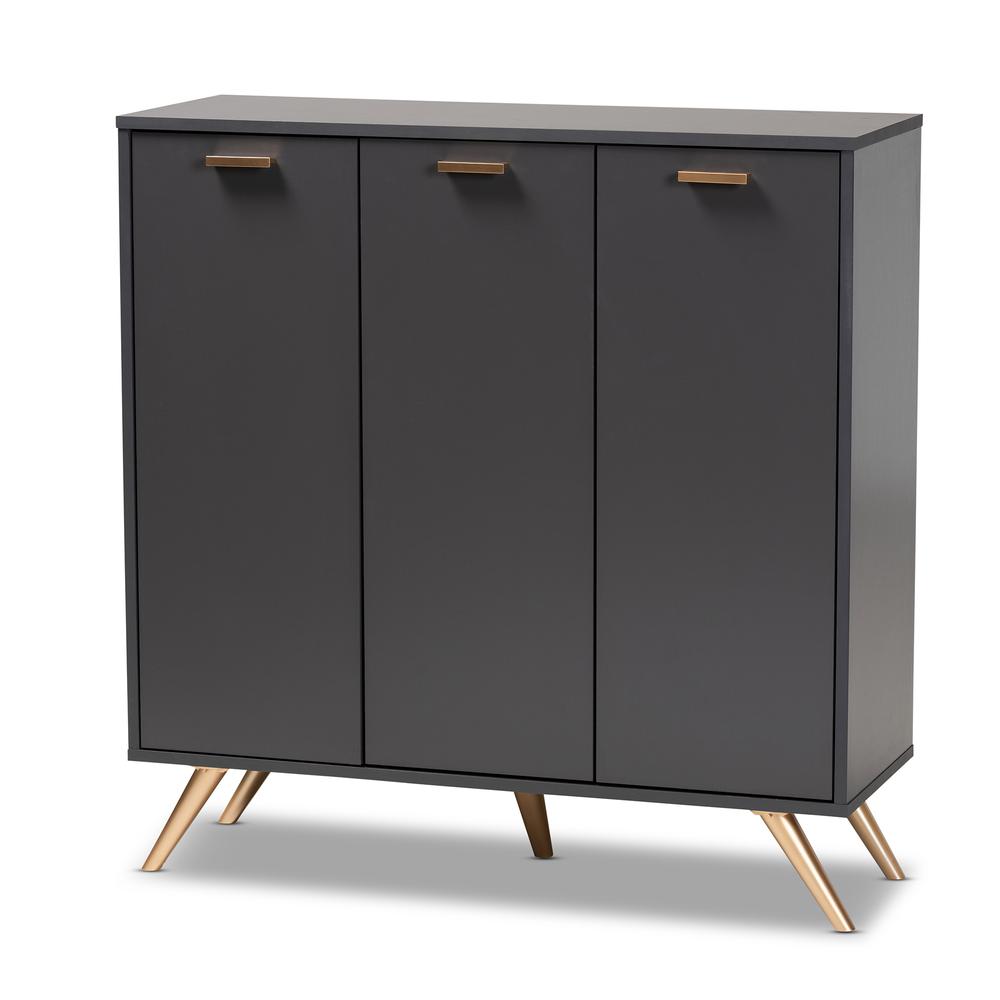 Dark Grey and Gold Finished Wood 3-Door Shoe Cabinet. Picture 12