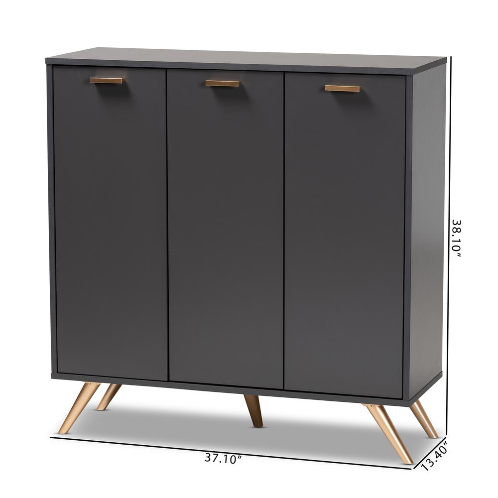 Dark Grey and Gold Finished Wood 3-Door Shoe Cabinet. Picture 21
