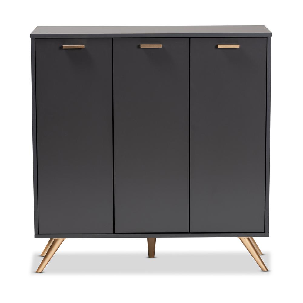 Dark Grey and Gold Finished Wood 3-Door Shoe Cabinet. Picture 14
