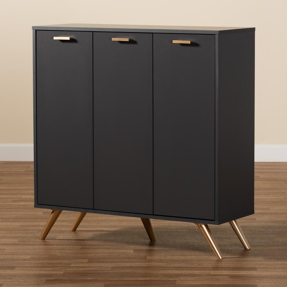 Dark Grey and Gold Finished Wood 3-Door Shoe Cabinet. Picture 20
