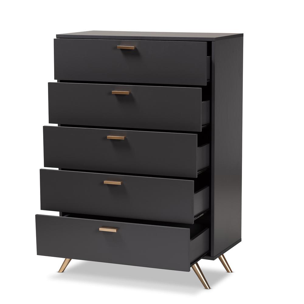Kelson Modern and Contemporary Dark Grey and Gold Finished Wood 5-Drawer Chest. Picture 12