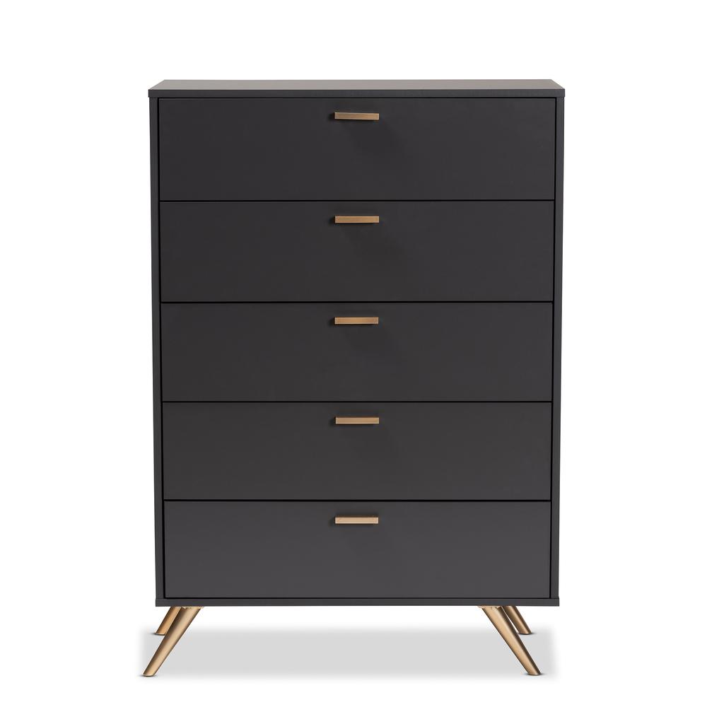 Kelson Modern and Contemporary Dark Grey and Gold Finished Wood 5-Drawer Chest. Picture 13