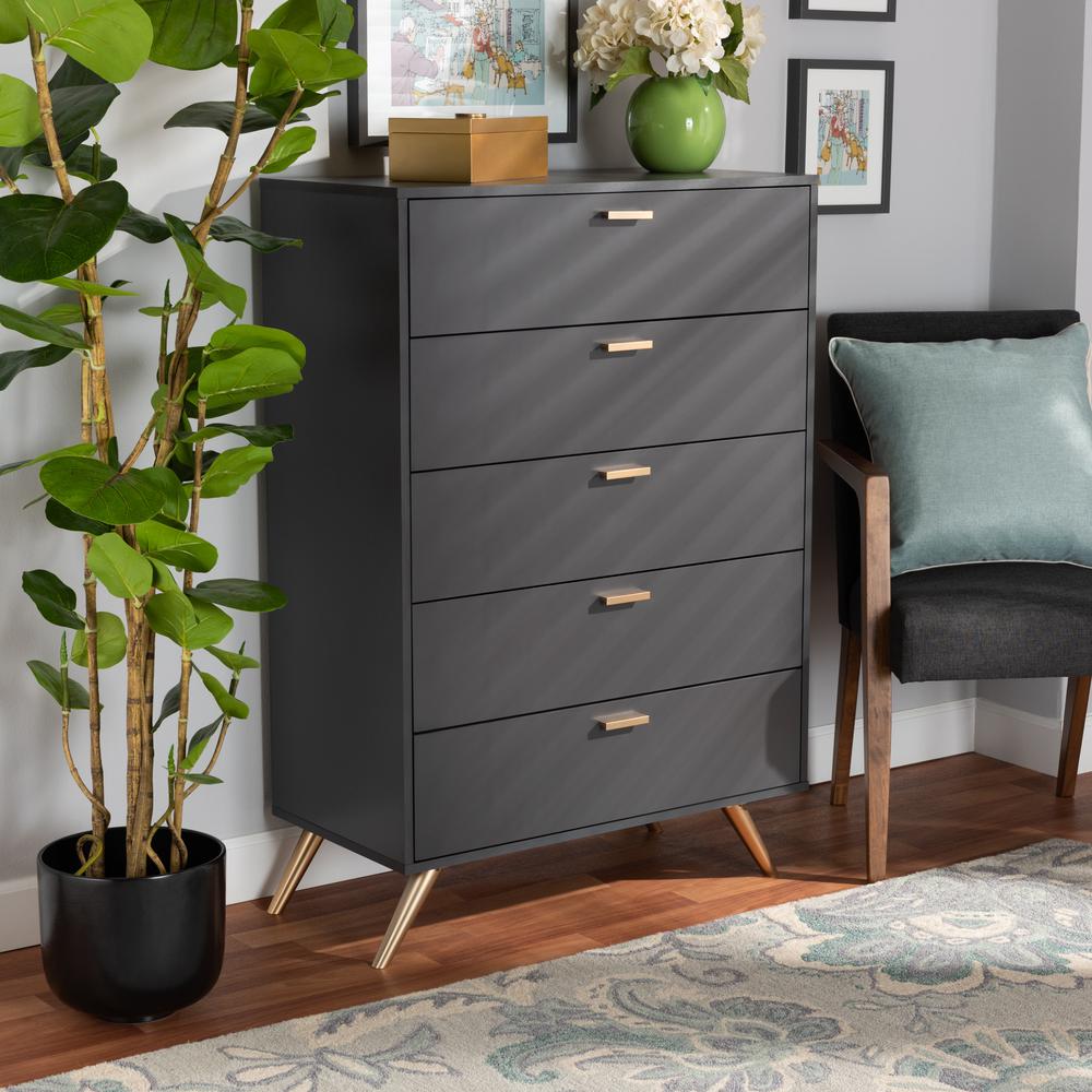 Kelson Modern and Contemporary Dark Grey and Gold Finished Wood 5-Drawer Chest. Picture 17