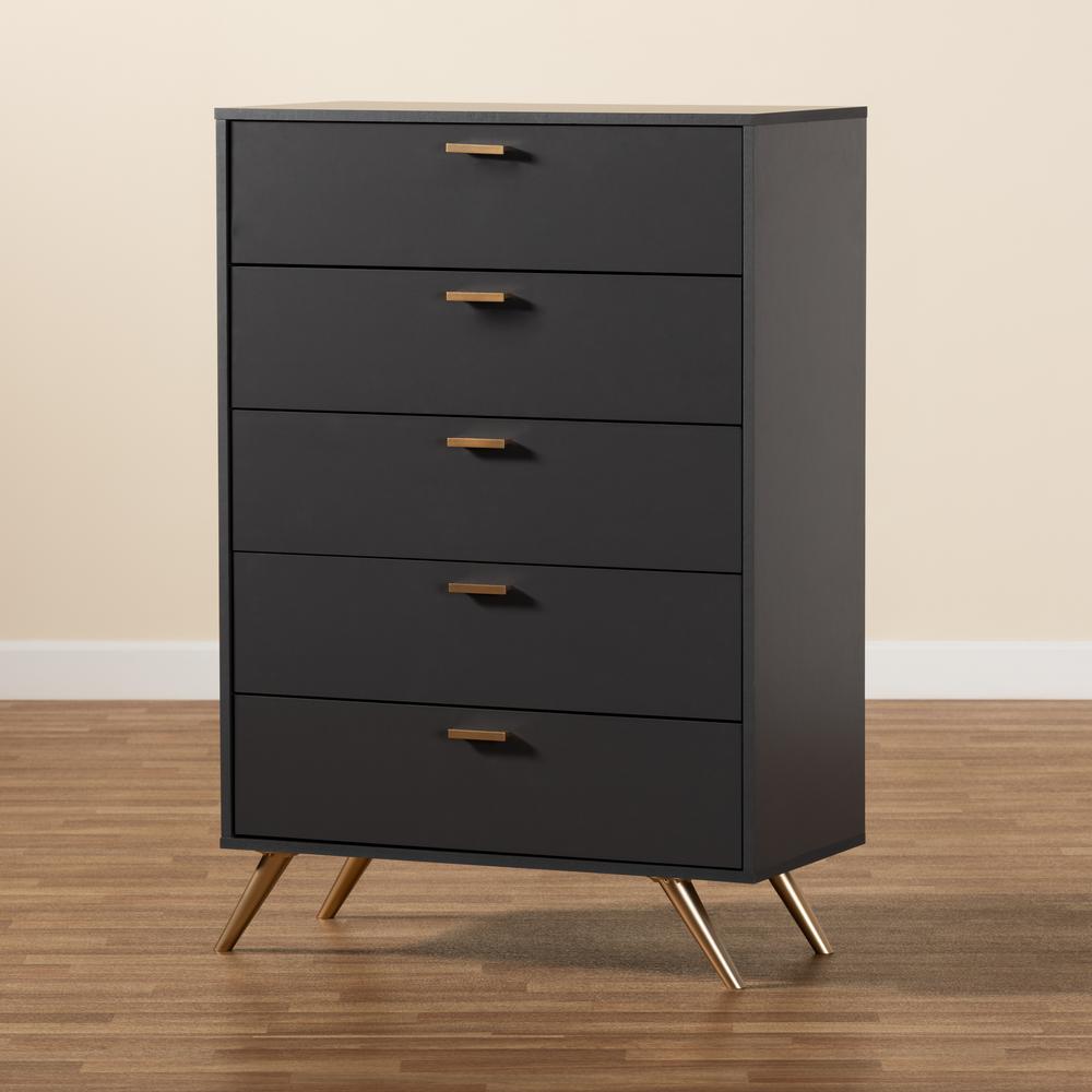 Kelson Modern and Contemporary Dark Grey and Gold Finished Wood 5-Drawer Chest. Picture 18