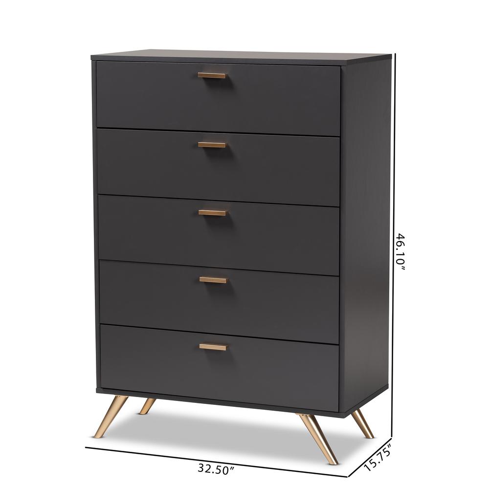 Kelson Modern and Contemporary Dark Grey and Gold Finished Wood 5-Drawer Chest. Picture 19