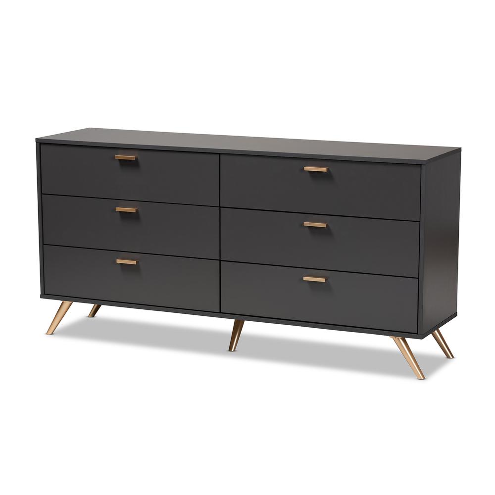 Kelson Modern and Contemporary Dark Grey and Gold Finished Wood 6-Drawer Dresser. Picture 11