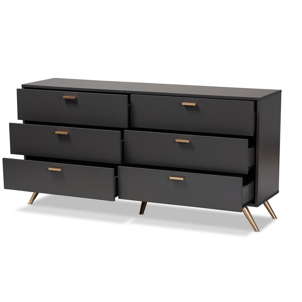 Kelson Modern and Contemporary Dark Grey and Gold Finished Wood 6-Drawer Dresser. Picture 12