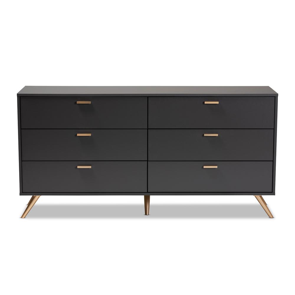 Kelson Modern and Contemporary Dark Grey and Gold Finished Wood 6-Drawer Dresser. Picture 13